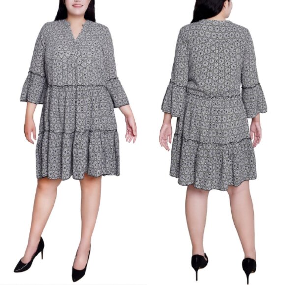NY Collection Women's Plus Size 3/4 Sleeve Tiered Dress Black White Geo 3X NWT - Picture 1 of 5